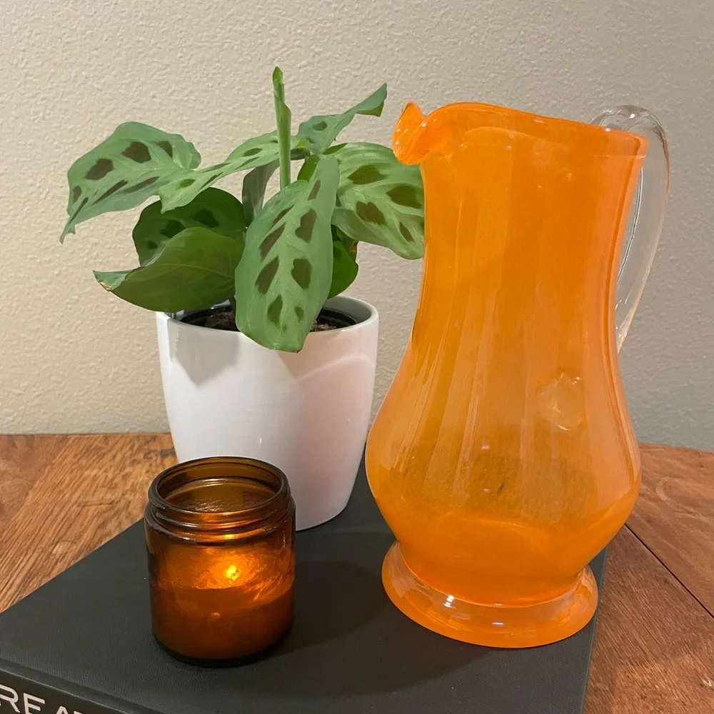 Vintage Mid-Century Modern Orange Blown Glass Pitcher/Vase -Clear Applied Handle